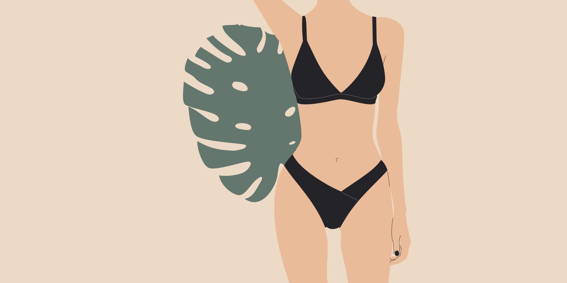 un mujer en un bikini y un palma hoja vector