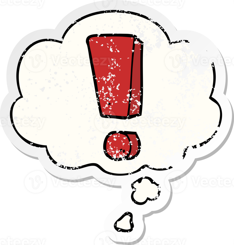 cartoon exclamation mark with thought bubble as a distressed worn sticker png