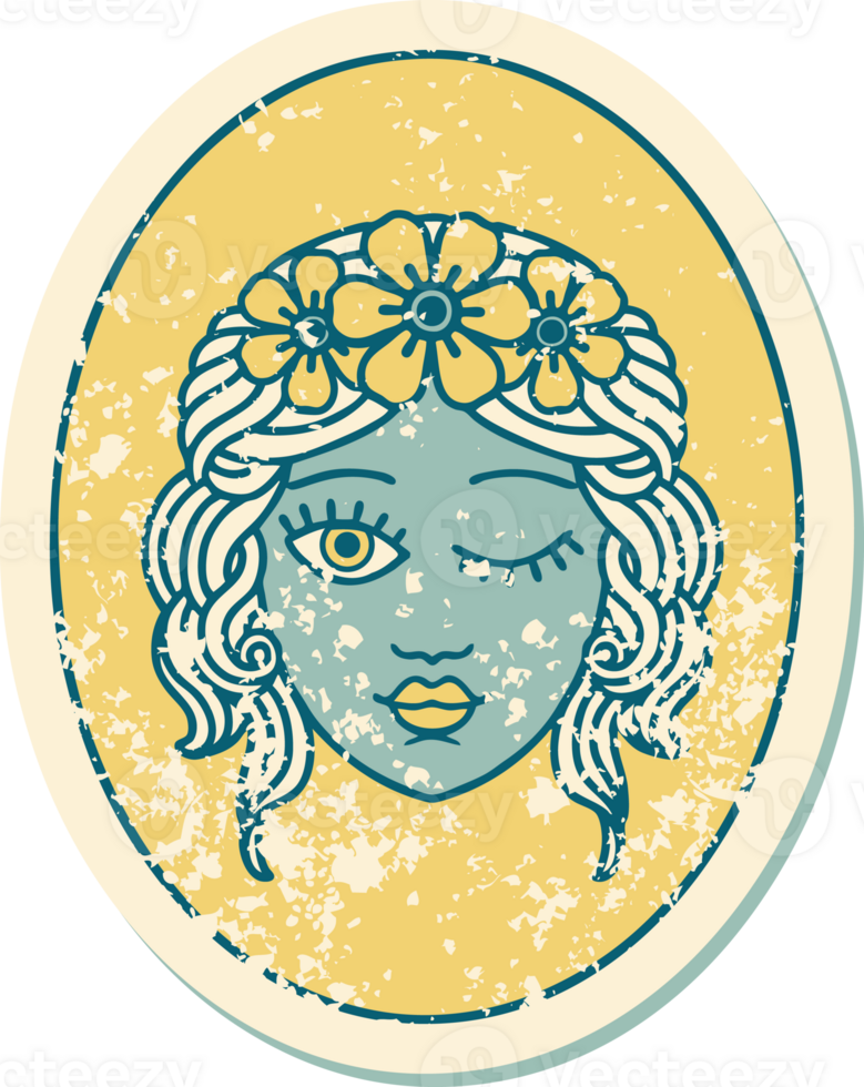iconic distressed sticker tattoo style image of a maiden with crown of flowers winking png