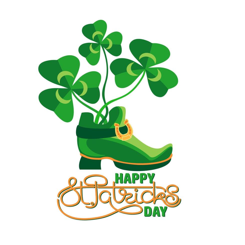 Happy St. Patrick's Day. Leprechaun boot, clover, handwritten lettering. Vector. vector