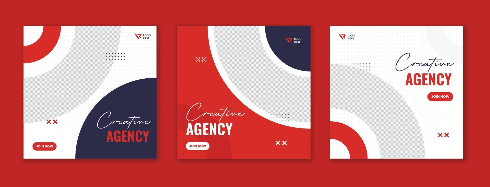 Red minimal corporate social media post design. Creative round shape business square template bundle vector