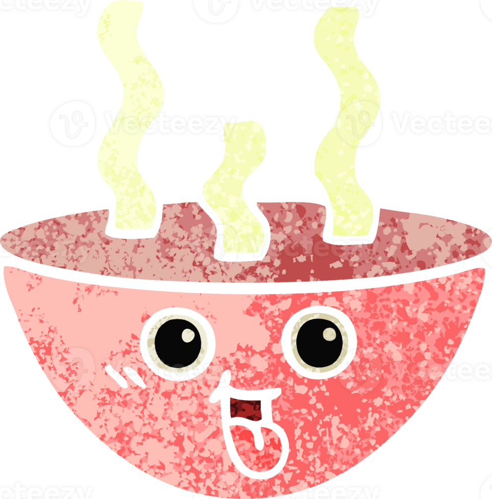 retro illustration style cartoon of a bowl of hot soup png