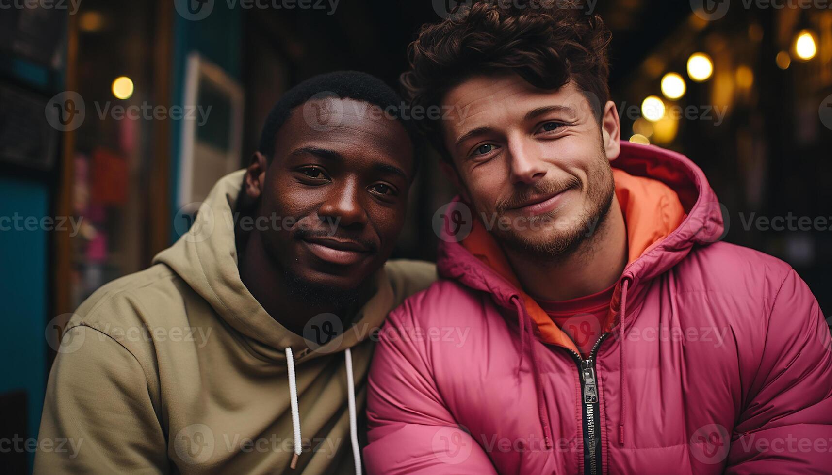 AI generated Two smiling males, one African and one Caucasian, looking at camera generated by AI photo