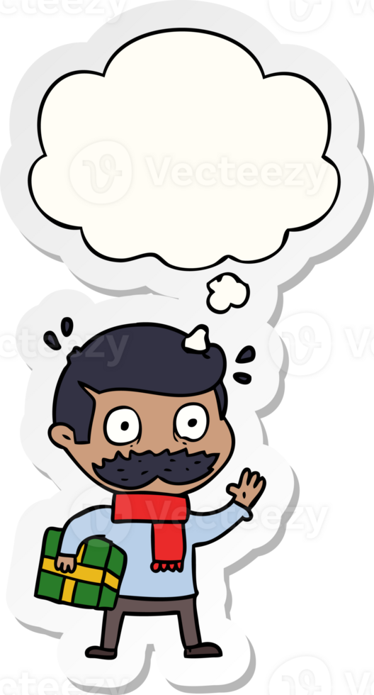 cartoon man with mustache and christmas present with thought bubble as a printed sticker png