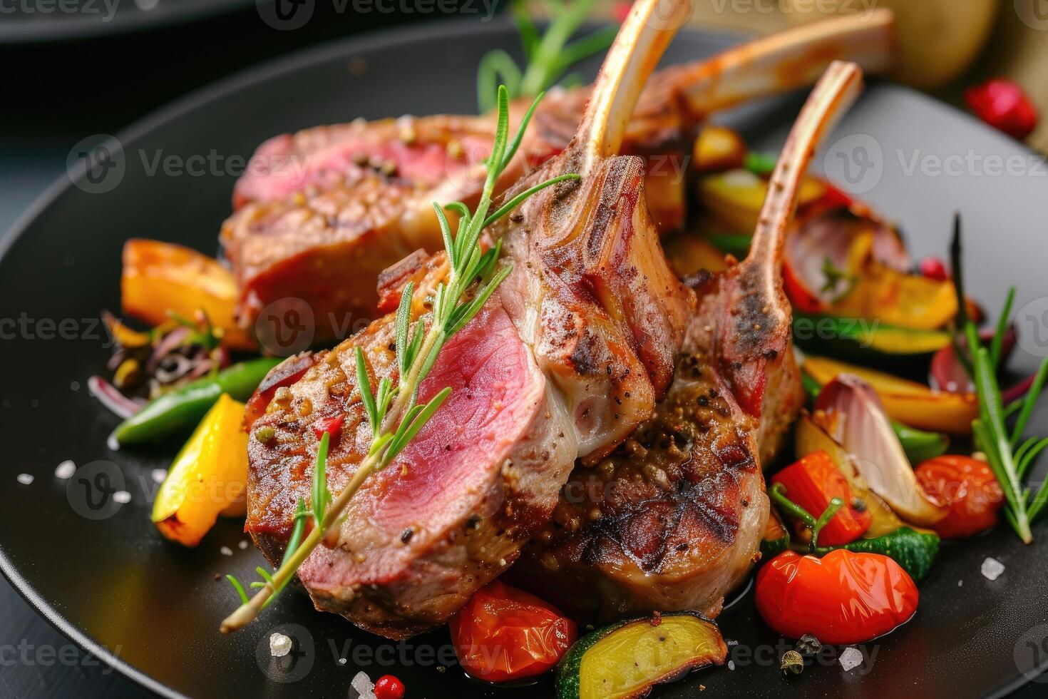 AI generated Grilled rack of lamb with Saute vegetables photo