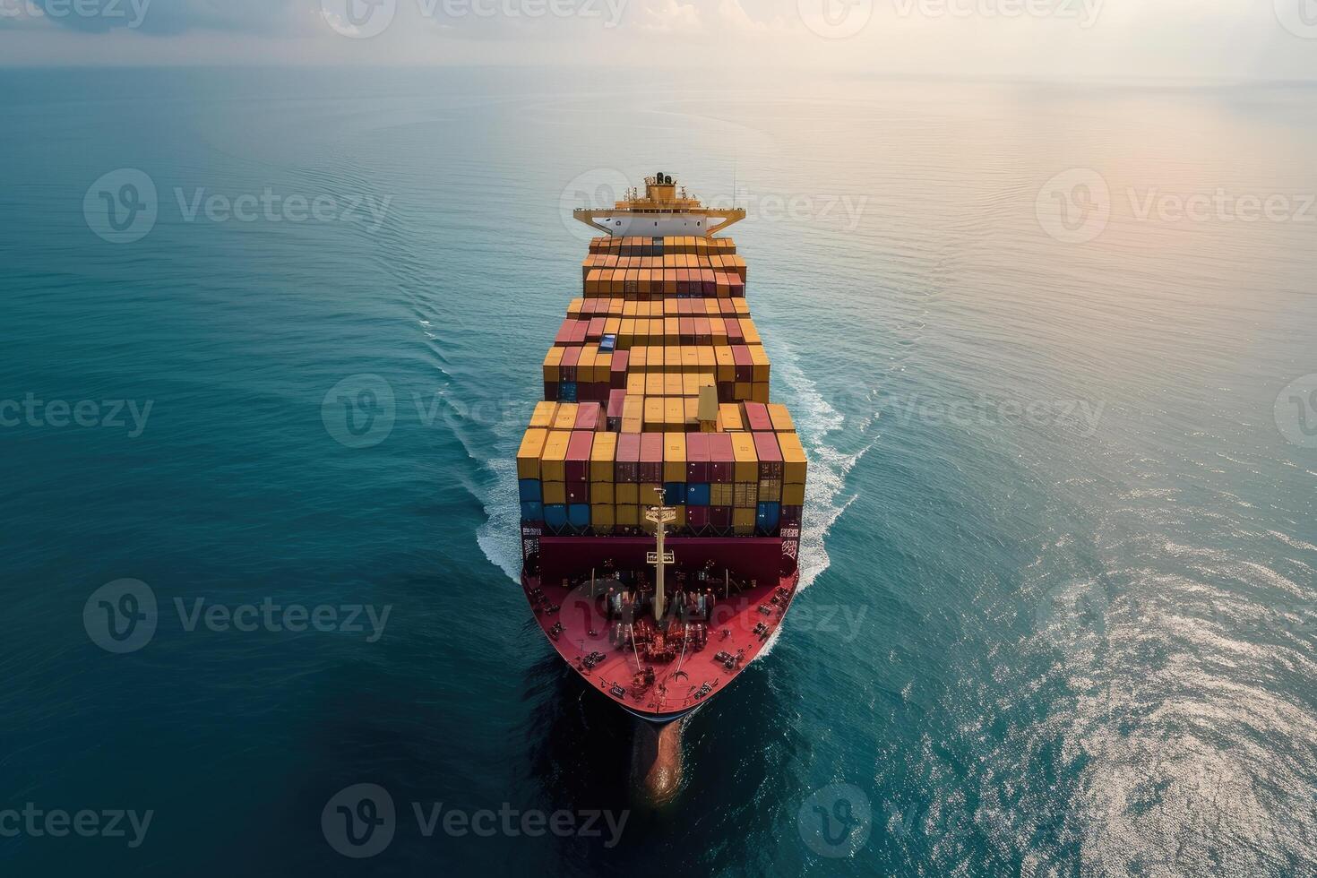 AI generated A loaded container cargo ship is seen ahead above the ocean. generative ai photo