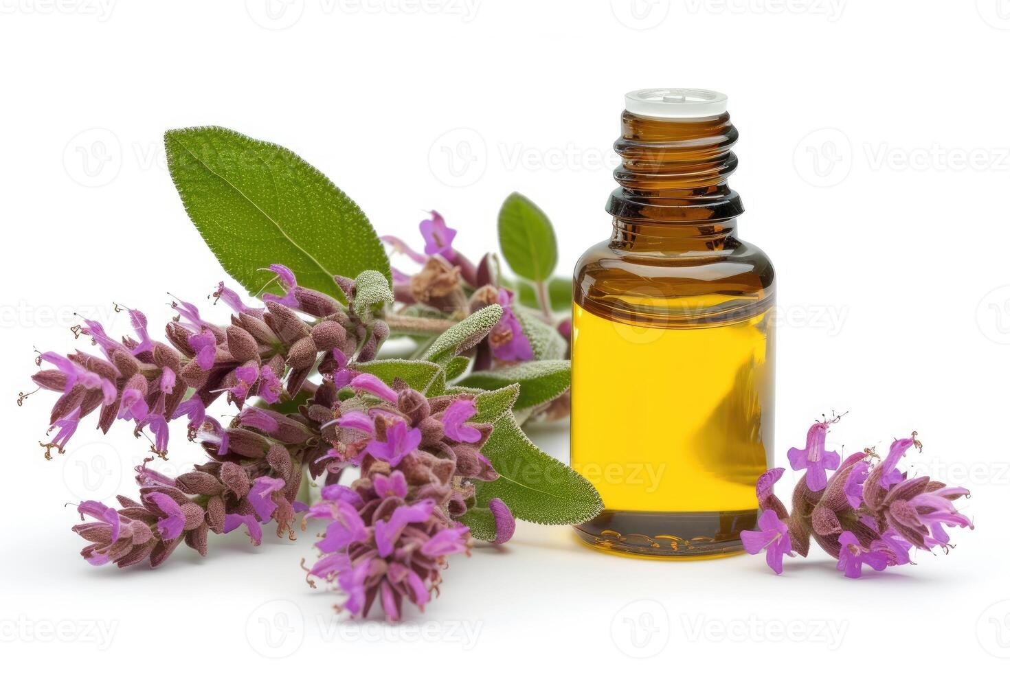 AI generated Clary sage essential oil isolated on white background. generative ai photo