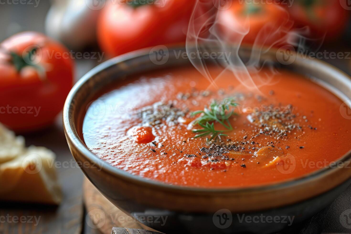 AI generated Tomato Shorba A steaming bowl of creamy tomato soup garnis. generative ai photo