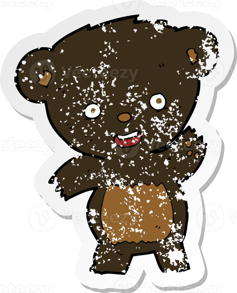 retro distressed sticker of a cartoon waving black bear png
