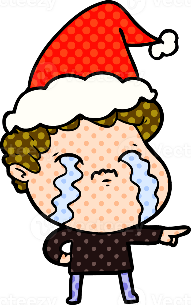 hand drawn comic book style illustration of a man crying wearing santa hat png