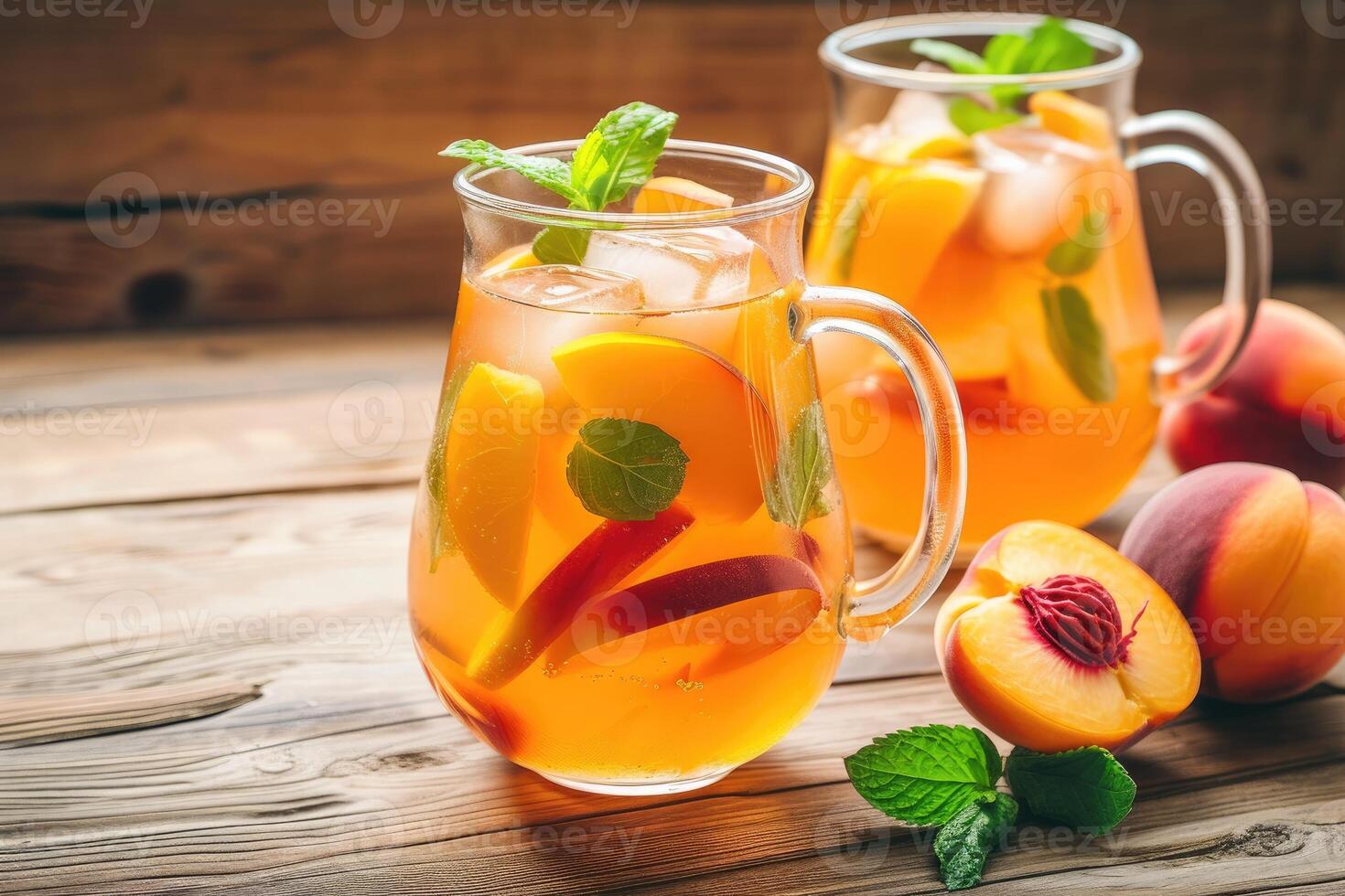 AI generated Refreshing Peach Sangria on wooden kitchen background. generative ai photo