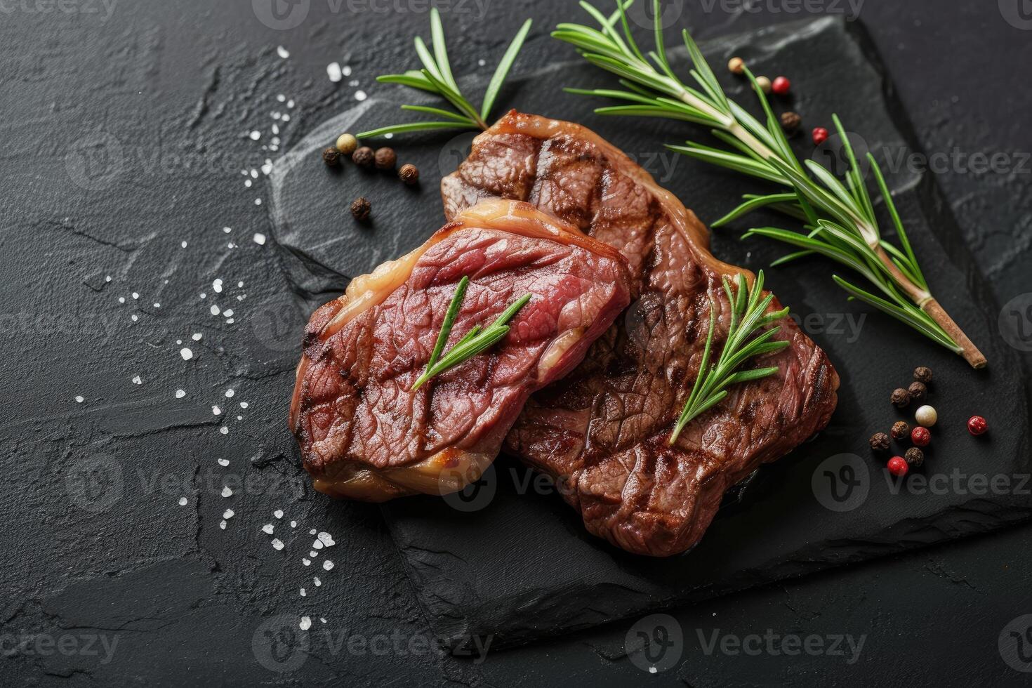 AI generated Roasted beef steak on dark stone background with rosemary herbs. Top view, generative ai photo