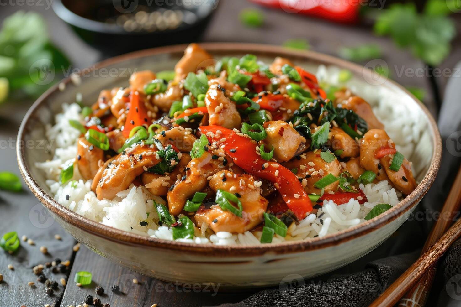 AI generated Asian Inspired Eats, Elevating Chicken Stir-Fry. generative ai photo