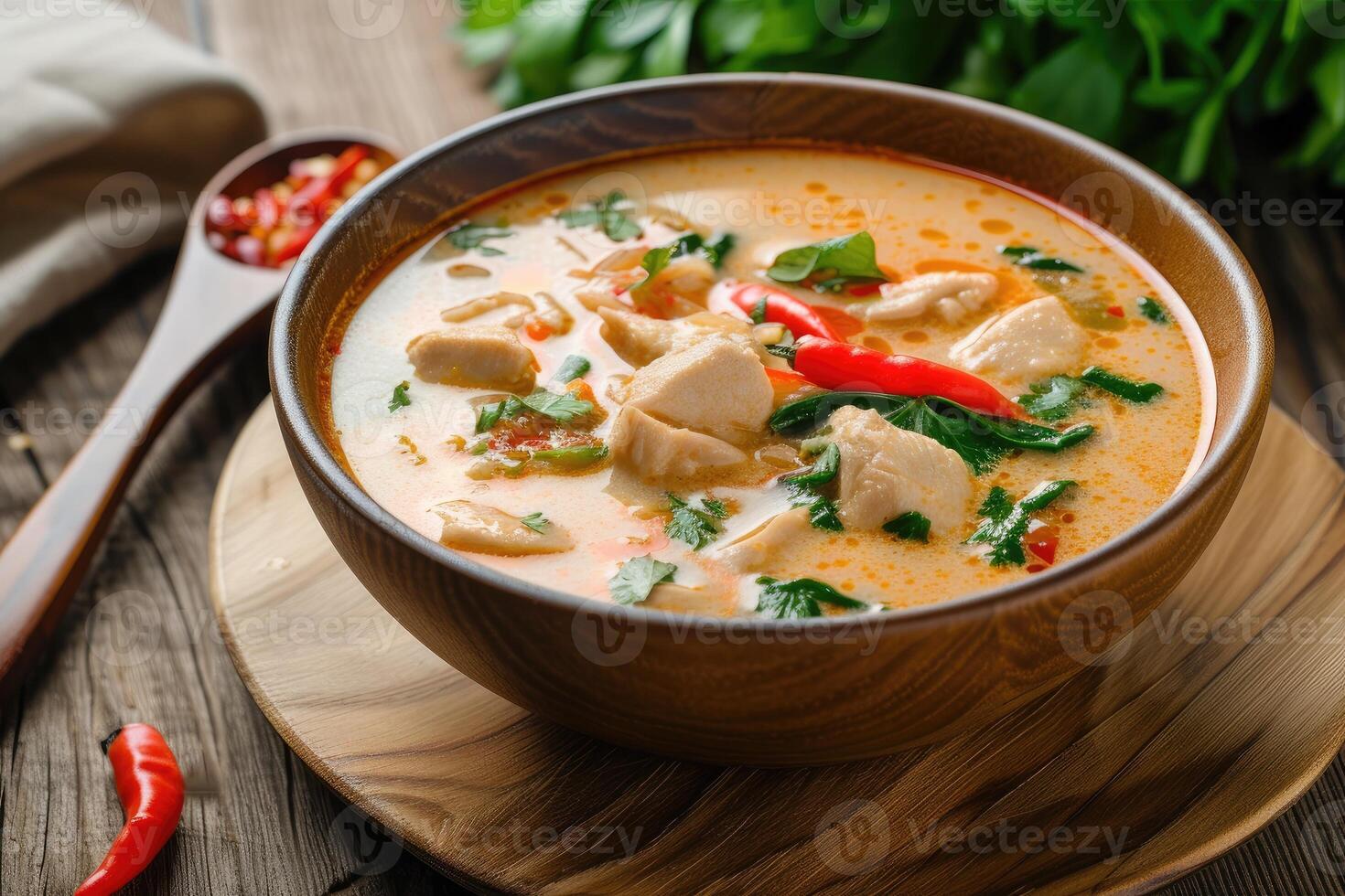 ai generado calmante tailandés sopa, tom kha gai. generativo ai foto