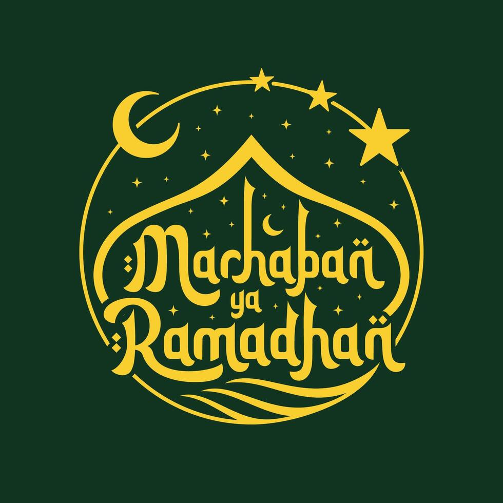 Marhaban Ya Ramadhan greetings in handwritten style and mosque illustrations in an Islamic atmosphere. Translation Welcome Ramadhan, the holy month of Islam. Backgrounds can be used to welcome Ramadan vector