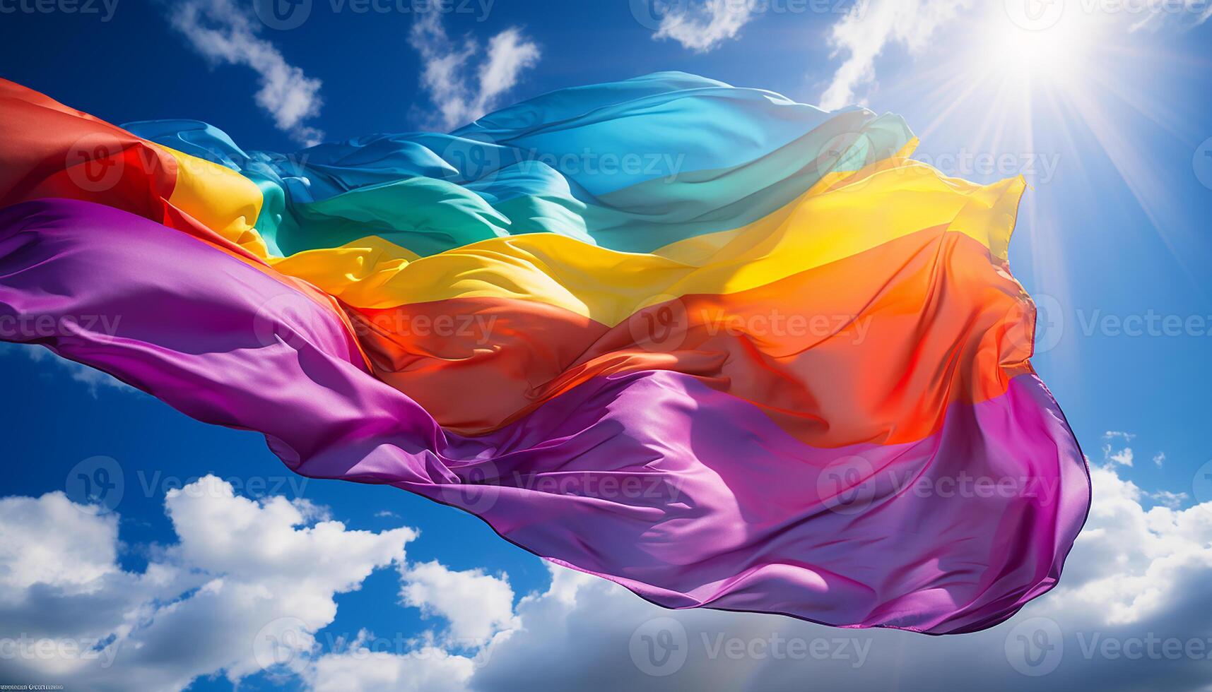 AI generated Flying rainbow silk waving in the wind, vibrant colors symbolize freedom generated by AI photo