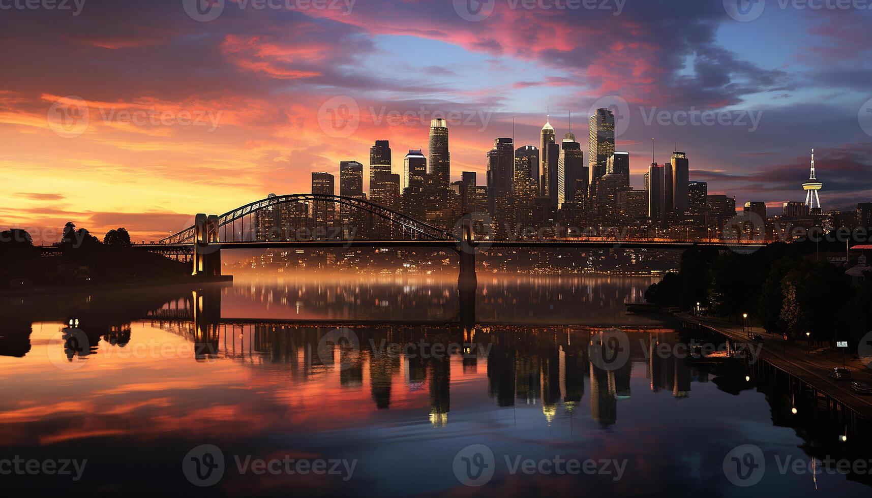 AI generated City skyline reflects in water at dusk, a famous place generated by AI photo