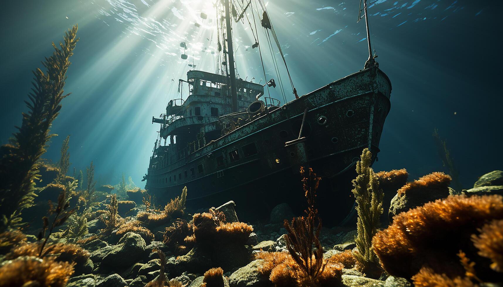 ai generado submarino naufragio revela naturaleza abandonado belleza en tropical marina generado por ai foto