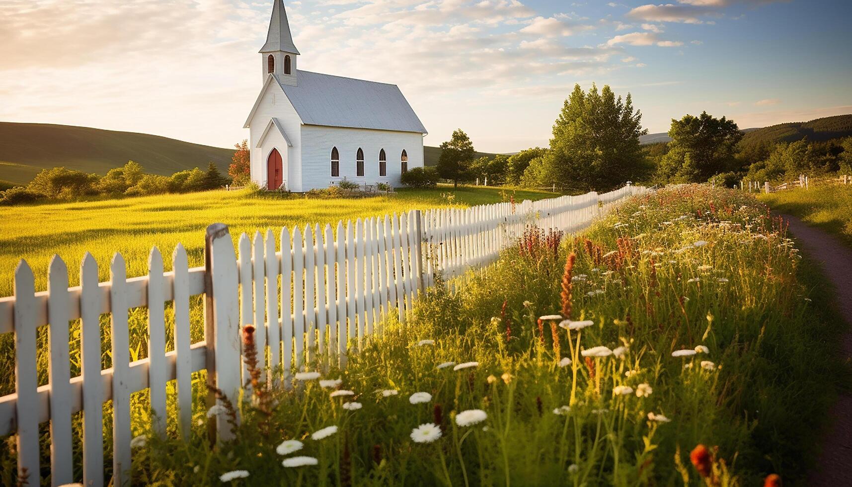 AI generated Christianity beauty in nature rural chapel, meadow, sunset, and cross generated by AI photo