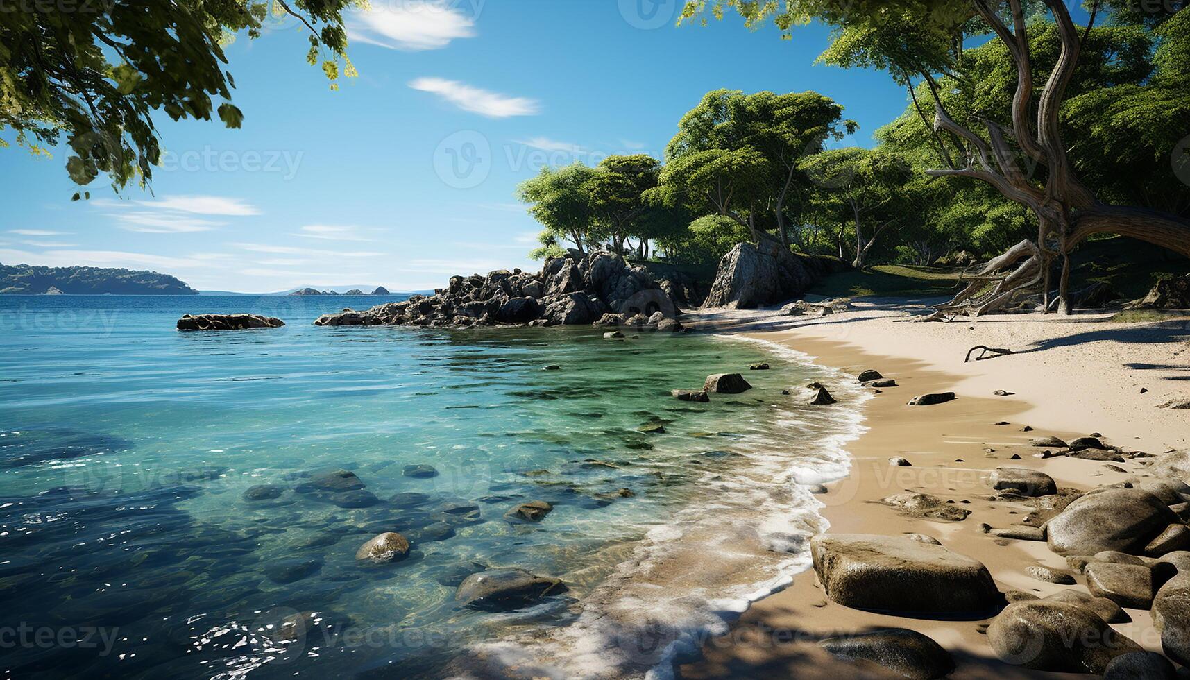 AI generated Tropical coastline, turquoise waters, palm trees, and tranquil relaxation generated by AI photo