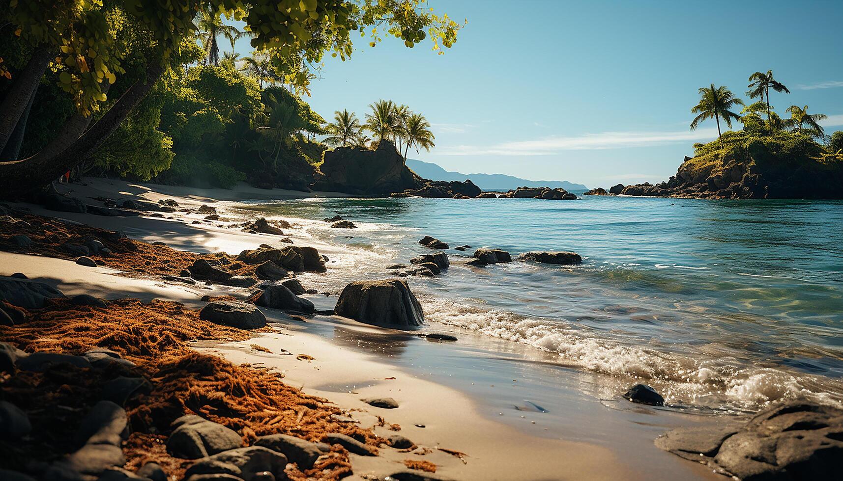 AI generated Tranquil sunset, palm tree, waves, reflecting beauty over water generated by AI photo