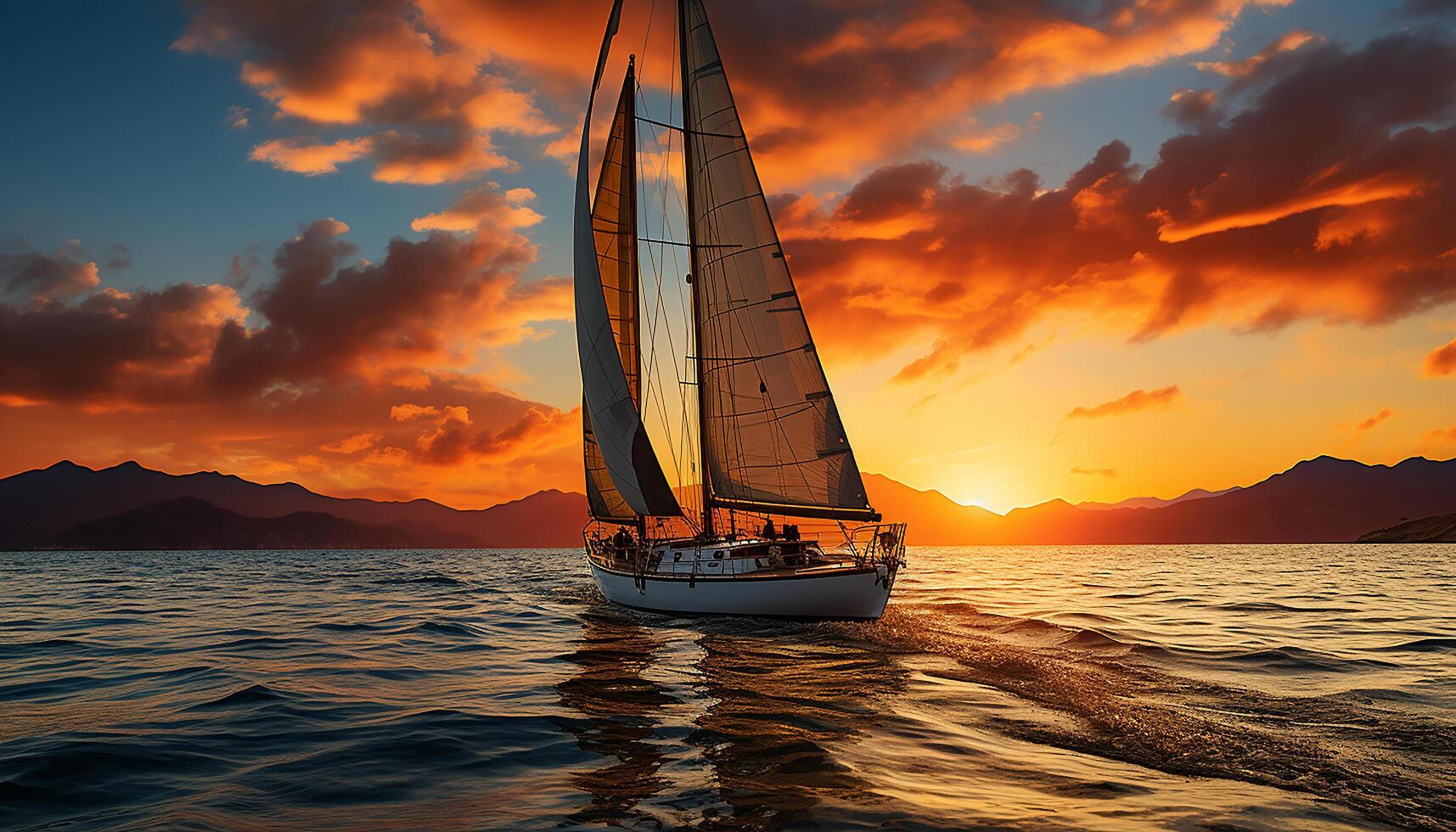 AI generated Sailboat sails at sunset, water reflects tranquil beauty in nature generated by AI photo
