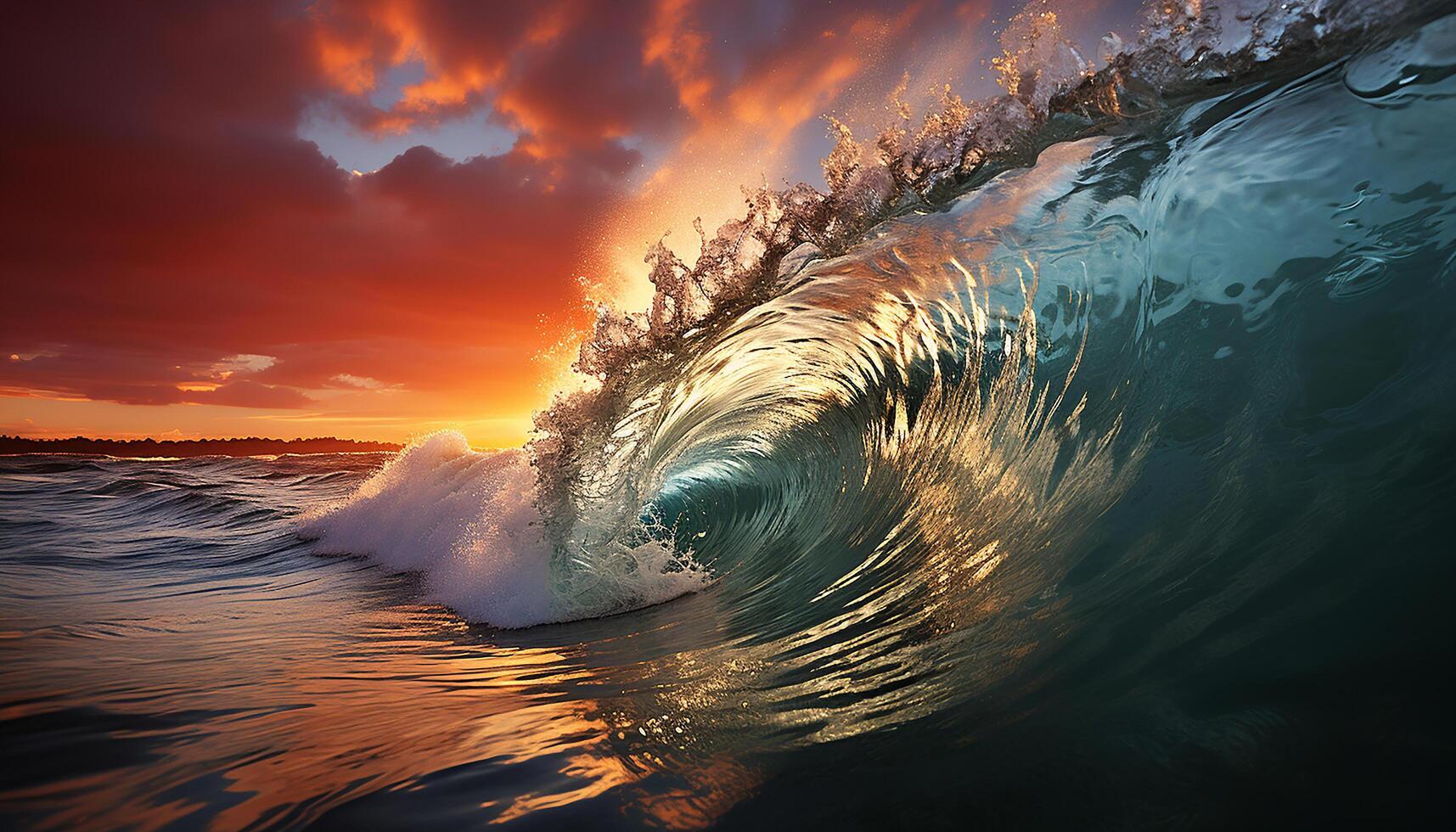 AI generated Sunset surf, water spray, wave motion, men extreme adventure generated by AI photo