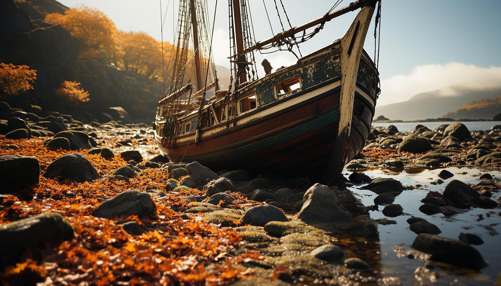 AI generated Sailing ship sails on tranquil water, sunset paints beautiful landscape generated by AI photo