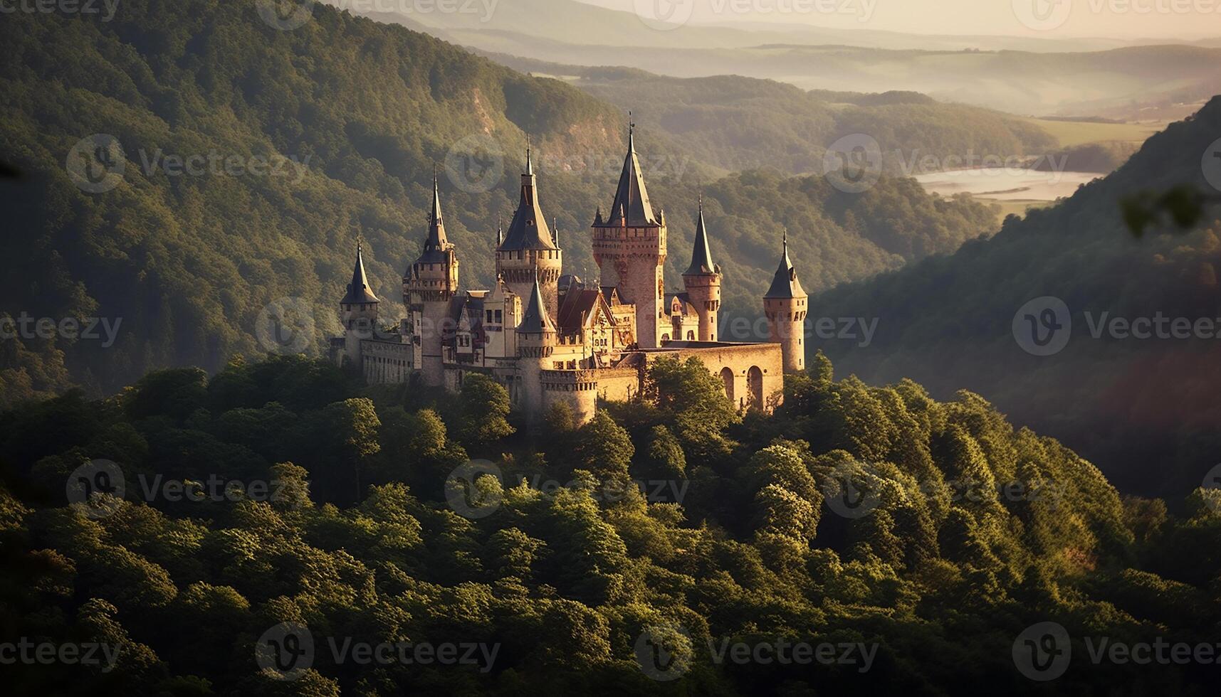 AI generated Medieval chapel atop majestic mountain, surrounded by ancient forest generated by AI photo