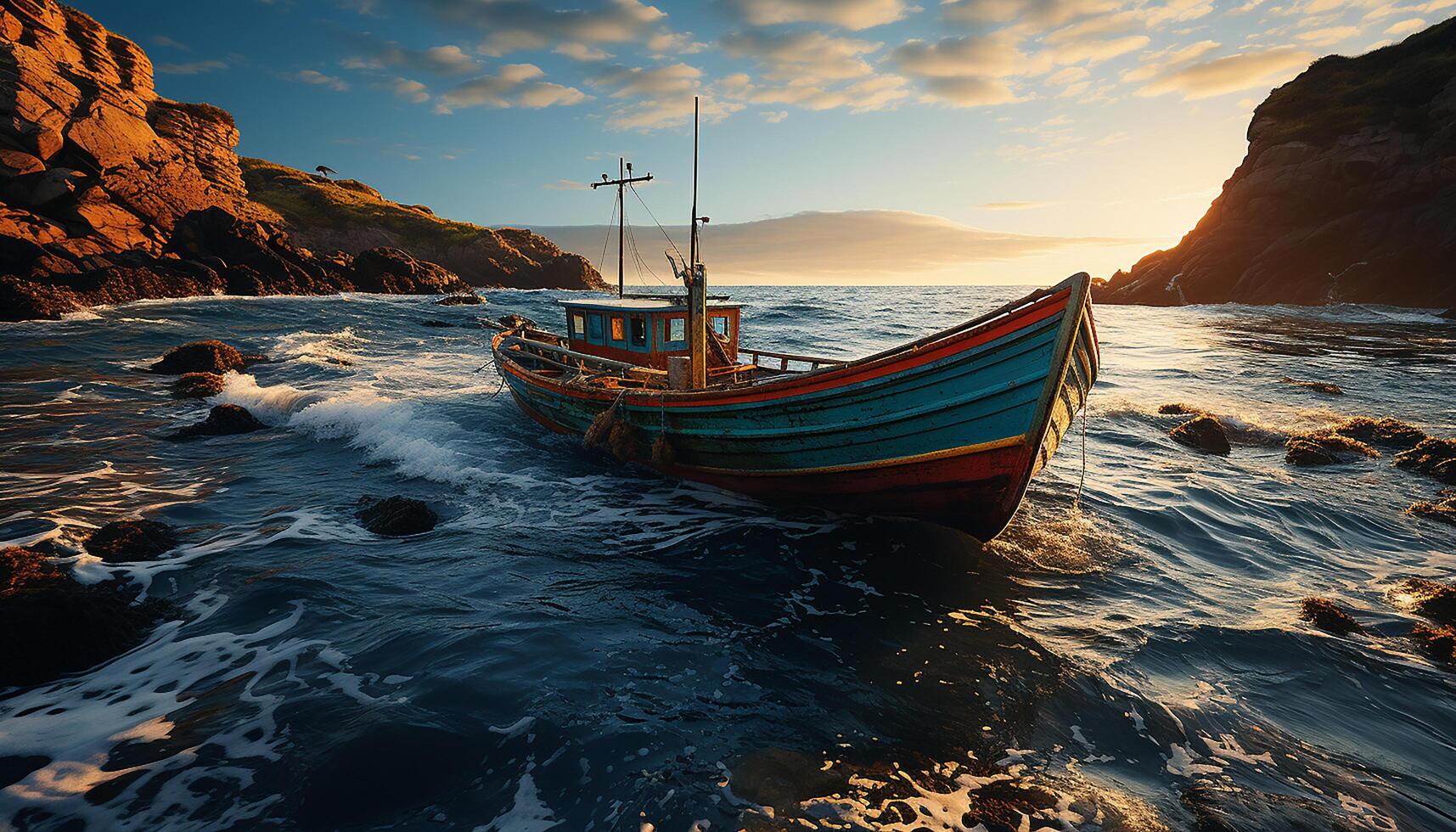 AI generated Sunset over the tranquil sea, a fishing boat sails home generated by AI photo