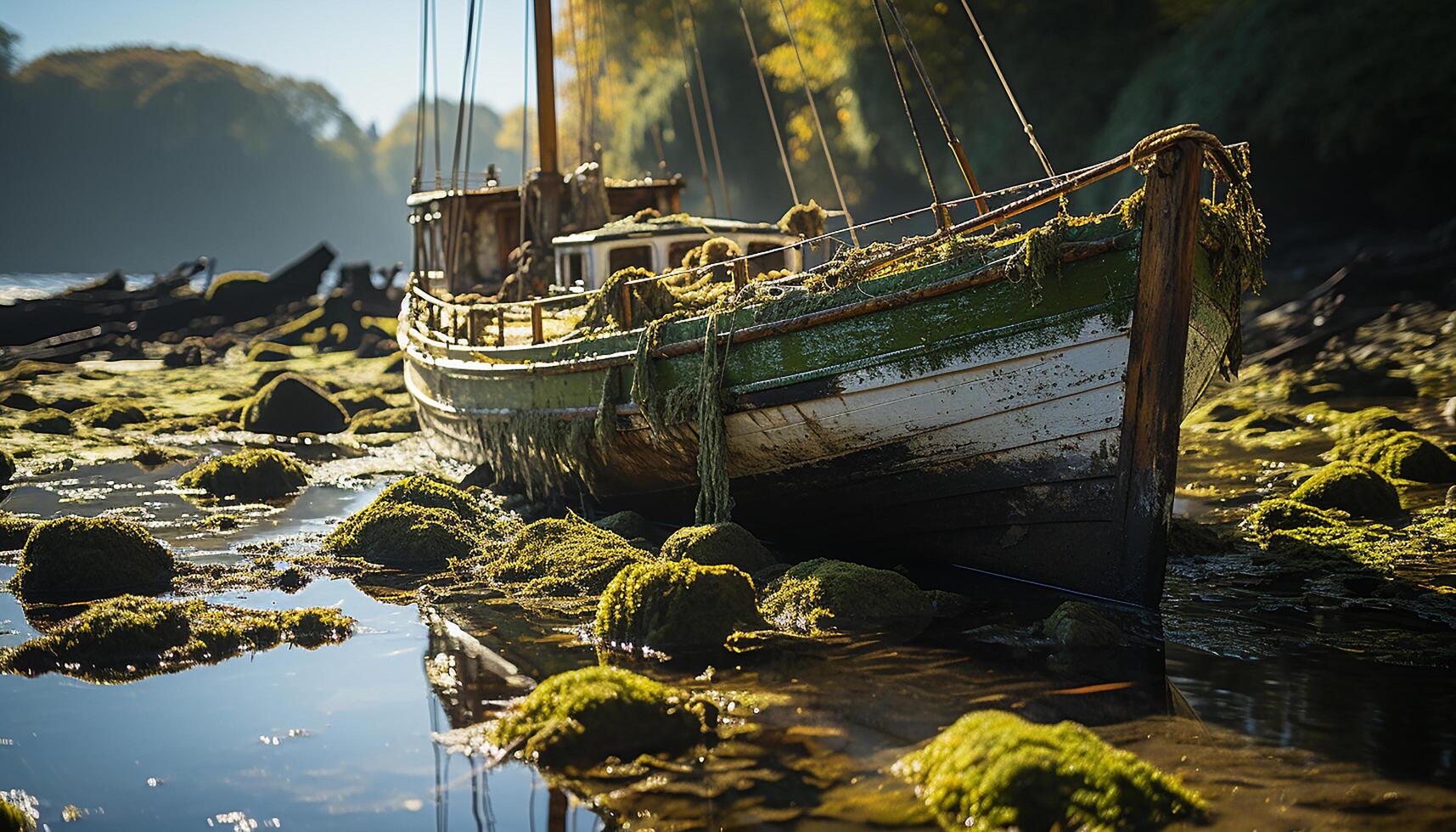 AI generated An old fishing boat sails peacefully on the tranquil coastline generated by AI photo