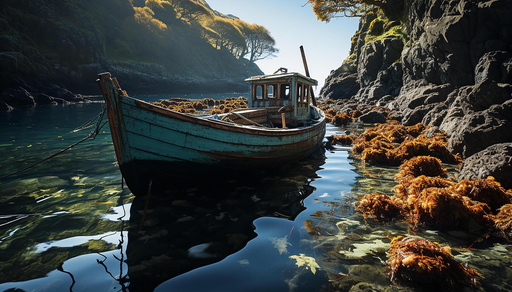 AI generated Wooden fishing boat sails peacefully on tranquil blue waters generated by AI photo