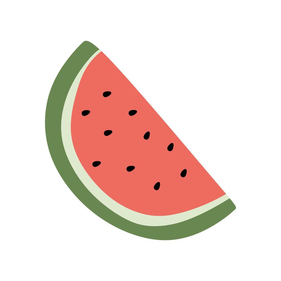 Delicious Red Watermelon Slice with Black Seeds. Sweet Piece of Summer Fruit for Freshness. Vector Flat Cartoon Illustration Isolated on White. Hand drawn Design element, Vitamin and Organic concept.