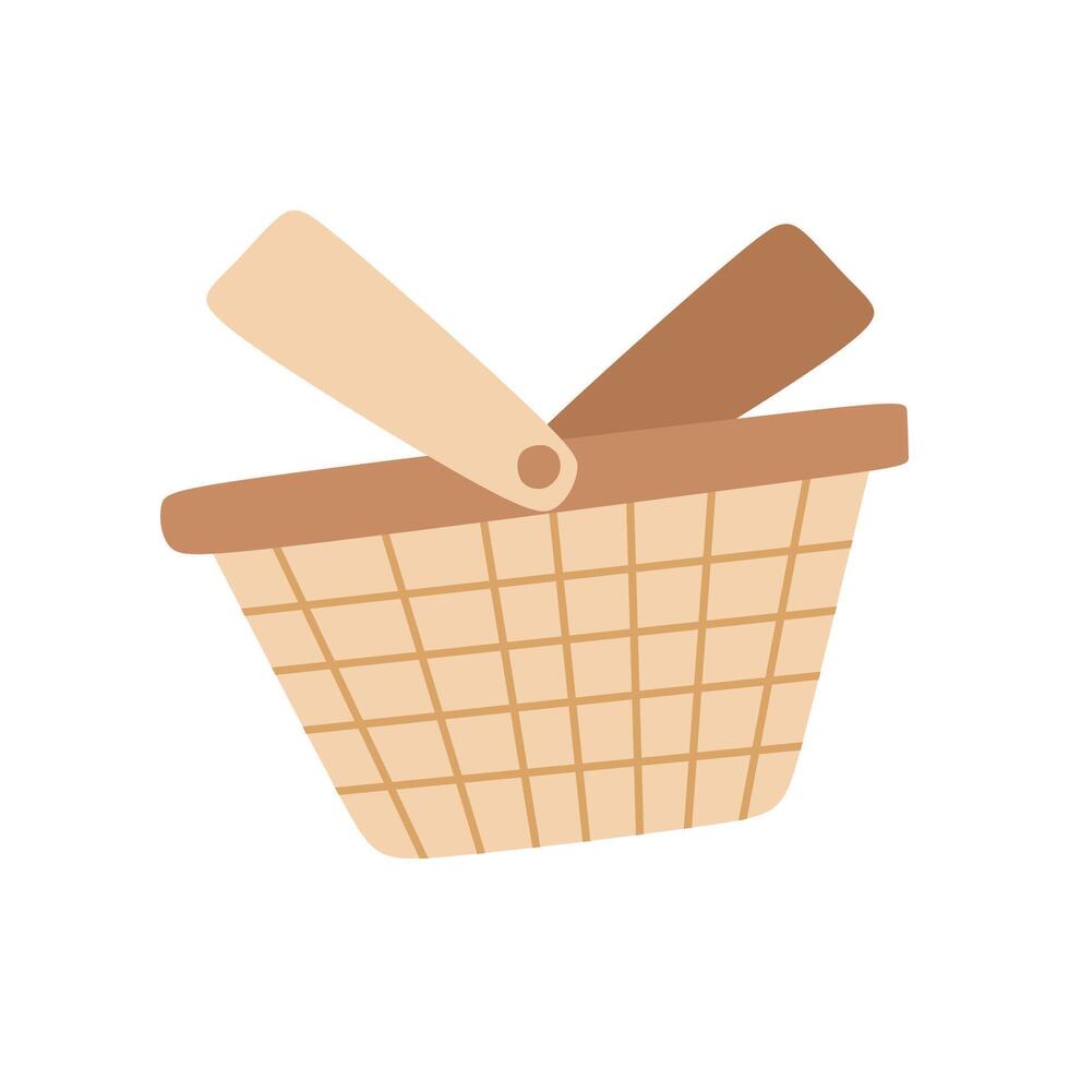 Wicker Picnic Empty Basket, Camping Cartoon Icon Symbol. Vector Flat Illustration Isolated on white. Container for Carrying Food, Vacation Concept. Summer Design Element for Poster, Banner, Card.