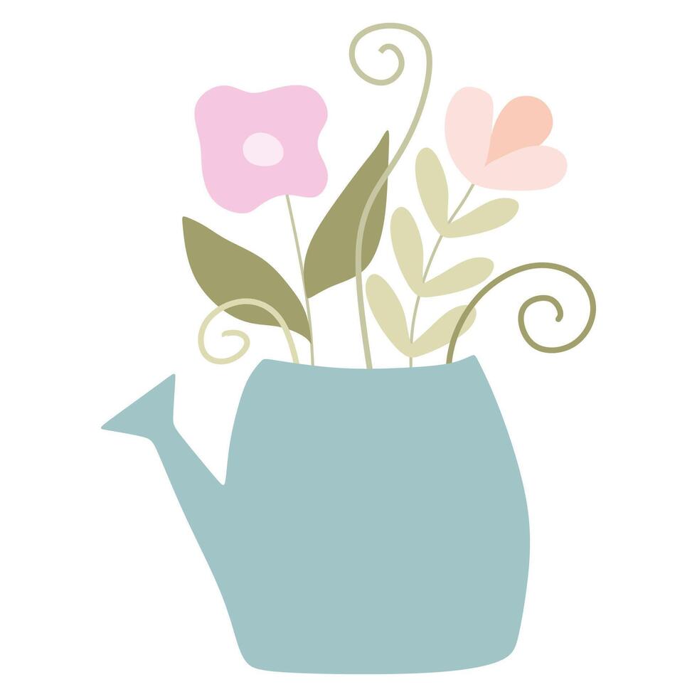 Hand drawn Flat Cute Spring Flower Bouquet in Watering Can. Vector Cartoon Illustration Isolated on White. Floral Blooming Design Element for Holiday Celebration Card, Decoration, Poster, Sticker.