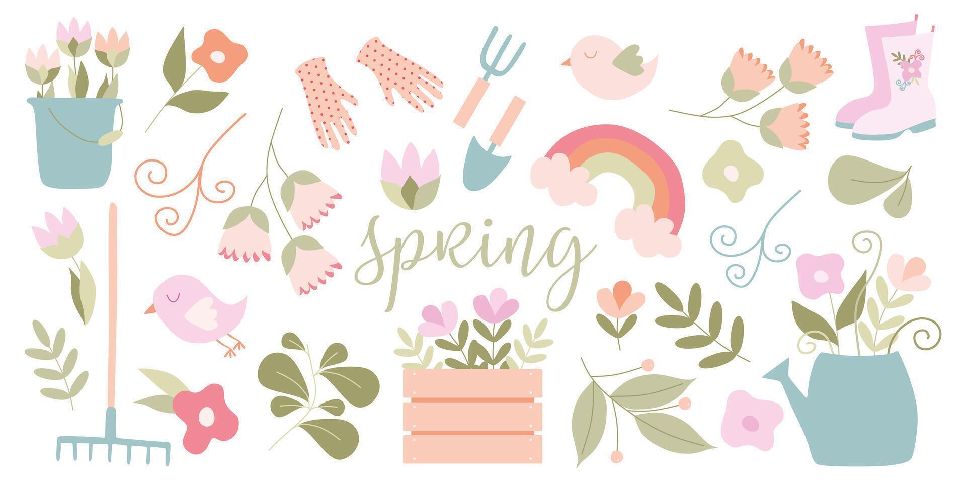 Spring Garden set. Hand drawn Flat Vector Isolated elements. Flowers, Birds, Gardening Tools, Leaves. Graphic Art for Scrapbooking, Greeting card, Party Invitation, Poster, Tag, Sticker kit, Design.