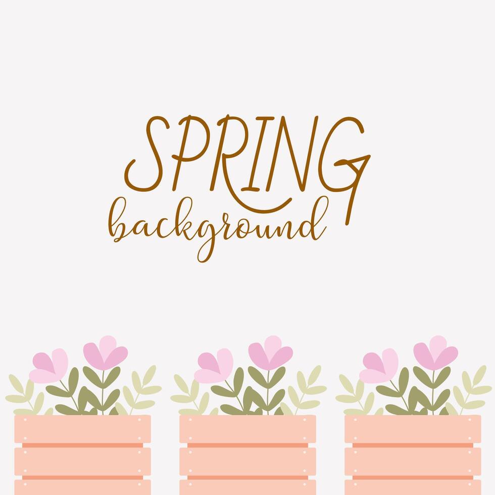 Flat Floral Background with Flowers in Wooden container. Spring Template Frame with Space for Text. Cartoon Vector Botany Illustration for Postcard, Poster, Social media. Blooming plant in Flower pot