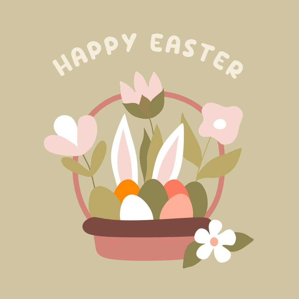 Vector Flat Easter Greeting Card with Lettering. Eggs in Basket with Flowers and Rabbit Ears. Isolated Cartoon Holiday Illustration For Poster, Postcard, Religious Template. Design Art in Pastel color