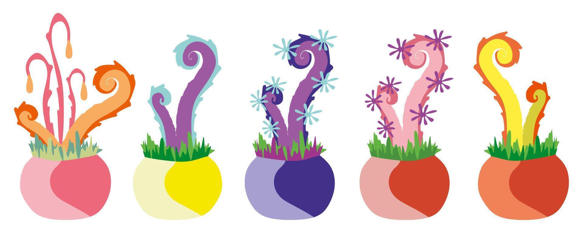 Tentacle Plant in flower pot set. Element for Game with Alien Fantasy plants isolated on white background. Color organism, monster, creature with tentacles. Design Art for Book, Poster, Print, Card. vector