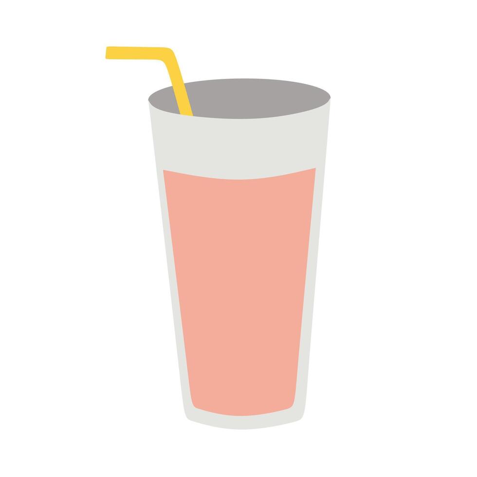 Glass of Soda with tubule on White. Vector Flat Illustration of Lemonade or Juice with Straw. Hand Drawn Cartoon Summer isolated Element, Beverage, Freshness concept. Tasty and Sweet Drink.