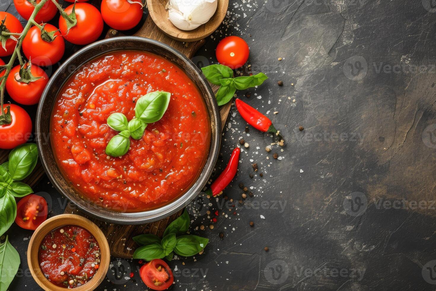 ai generado hecho en casa tomate salsa passata - tradicional receta de italiano cocina - parte superior ver con Copiar espacio. generativo ai foto