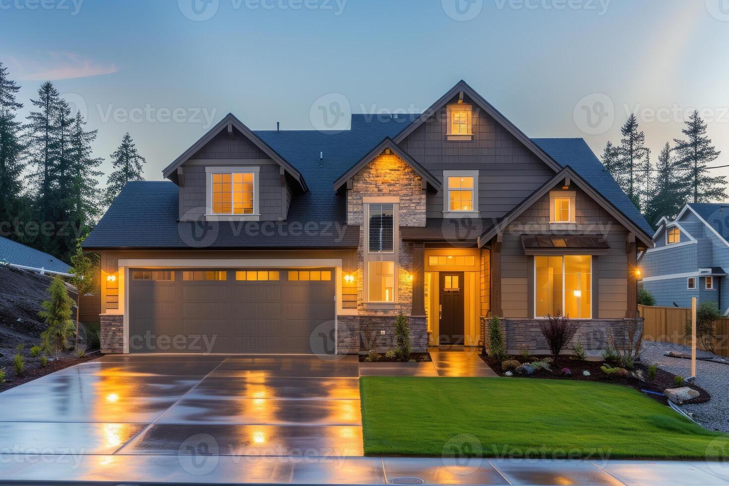 AI generated Beautiful Home Exterior in Evening with Glowing Interior Lights and Landscaping. photo