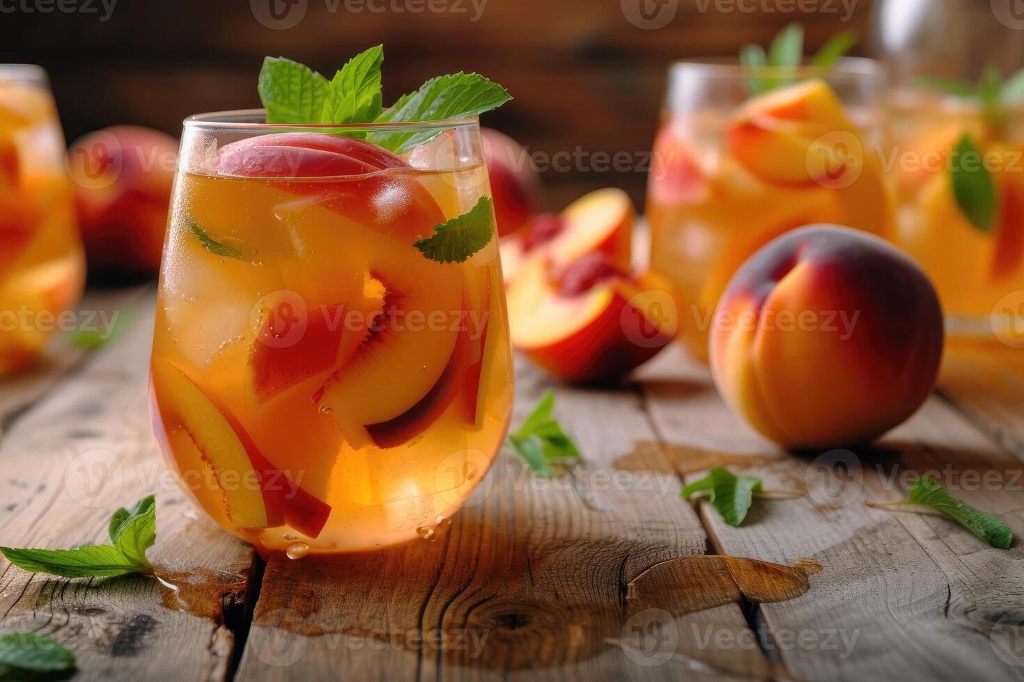 AI generated Refreshing Peach Sangria on wooden kitchen background. generative ai photo