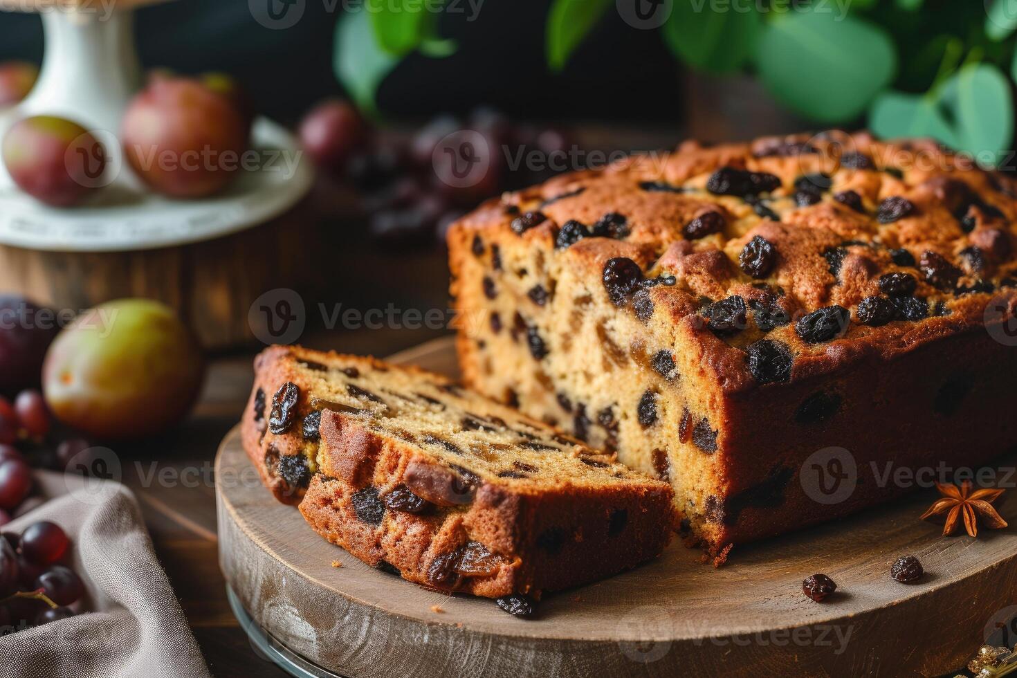 AI generated Homemade fruit cake with raisins photo