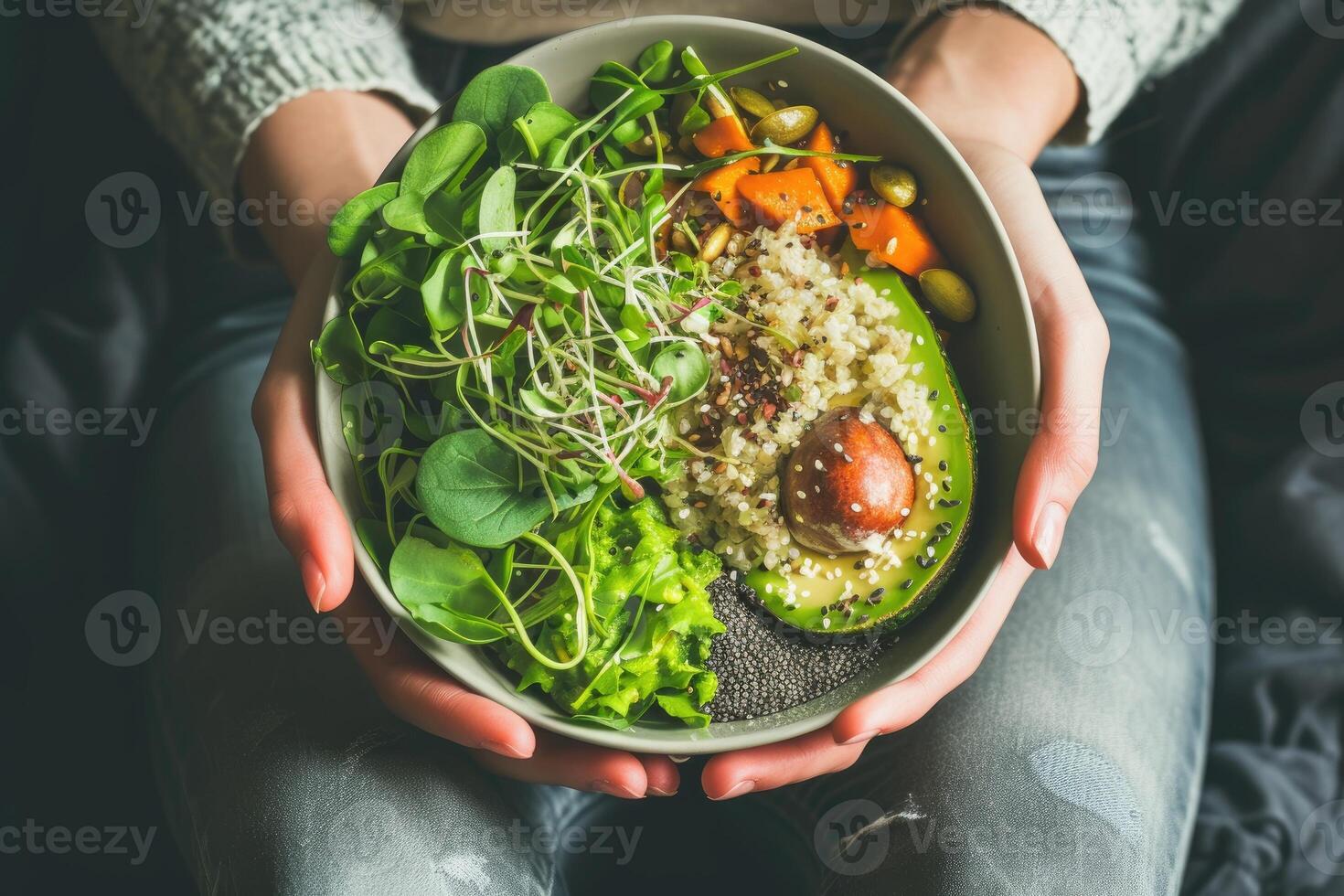 AI generated Green Vegan Breakfast Meal in Bowl with Spinach, Arugula, Avocado, Seeds and Sprouts. Girl in Leggins Holding Plate with Hands Visible, Top View. Clean Eating, Dieting, Vegan Food Concept photo