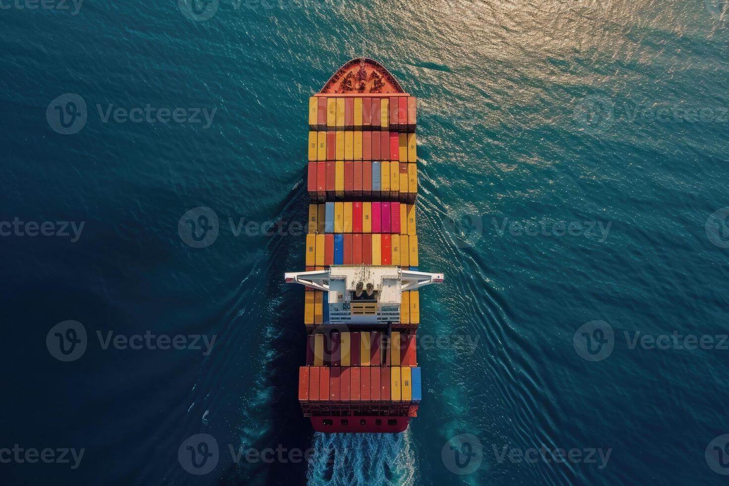 AI generated A loaded container cargo ship is seen ahead above the ocean. generative ai photo