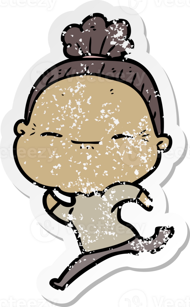 distressed sticker of a cartoon peaceful old woman png