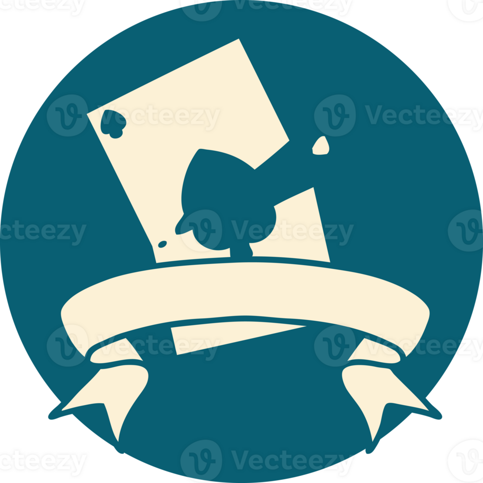 tattoo style icon with banner of a torn card png