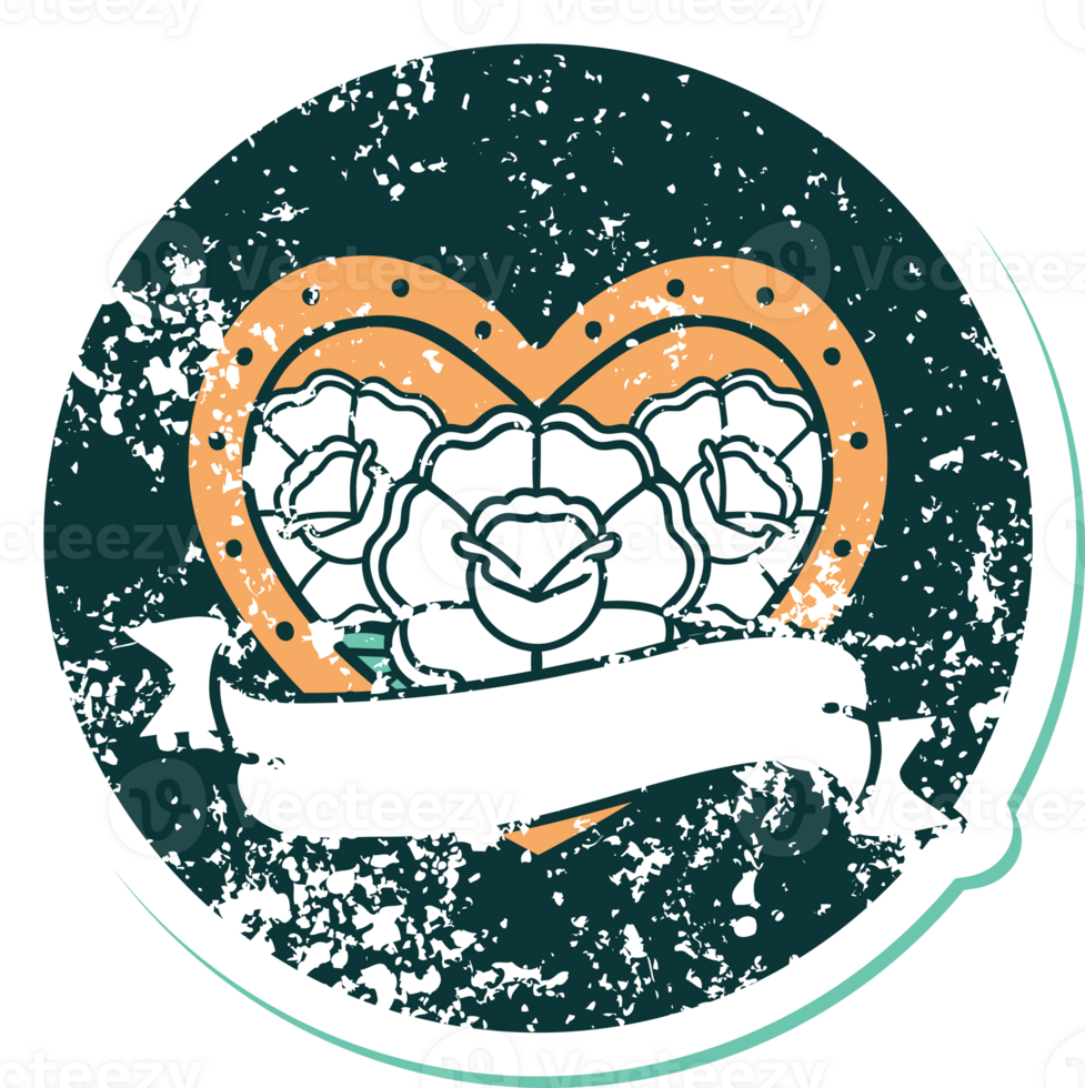 iconic distressed sticker tattoo style image of a heart and banner with flowers png