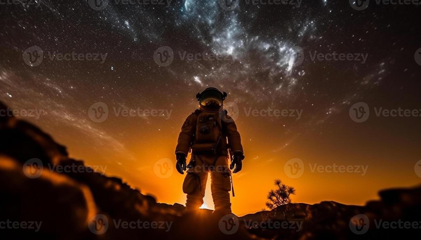 AI generated Army soldier standing in dark, armed with rifle, surveilling galaxy generated by AI photo